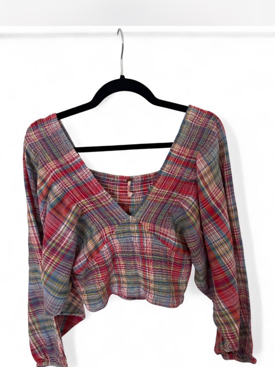 Free People Tops - Free People Plaid Smocked Crop Top Long Sleeve Size M